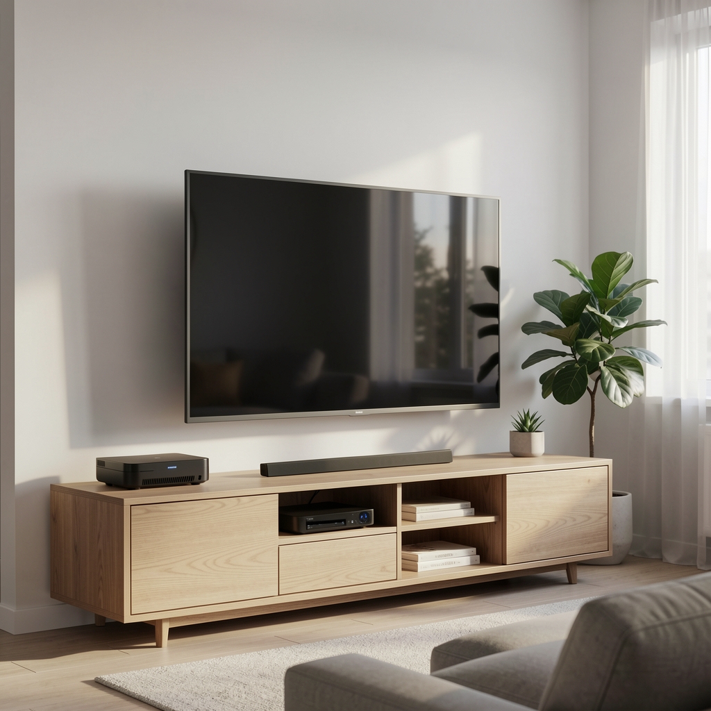 Савремени дневни боравак са великим Smart TV екраном и паметним уређаjима — симбол конвергенциjе линеарне и дигиталне телевизиjе